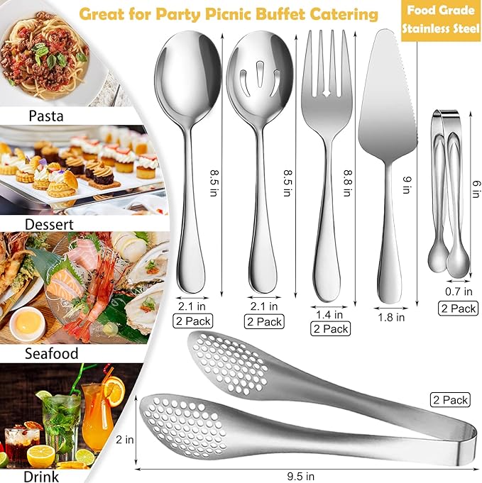 11 PCS Serving Utensils, Large Stainless Steel Spoons Forks Tongs, Pie Server, Great for Hostess Buffet Catering Banquet Party, Silver