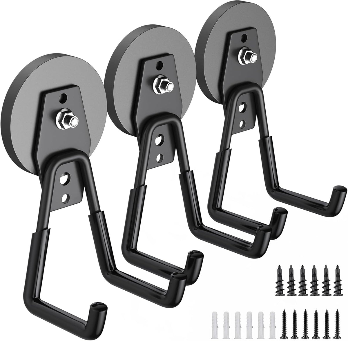 3Pcs Heavy Duty Storage Magnetic Utility Hooks Large Garage Strong Extra Magnet Hooks Hanger with Anti-Slip Coating Heavy Duty Magnetic Hooks for Hanging Power Dril Garage Garden Tools Black