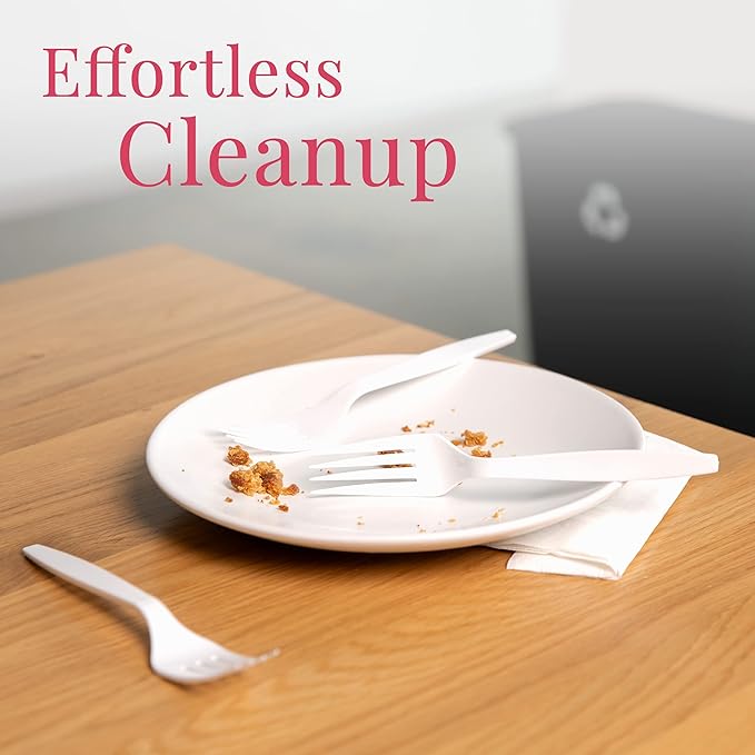 Prestee 100 White Plastic Forks Heavy-Duty, Heavyweight Plastic Silverware Forks, Fancy Plastic Cutlery, Elegant Disposable Forks Pack, Bulk Disposable Flatware, Christmas Holiday Plastic Utensils Set