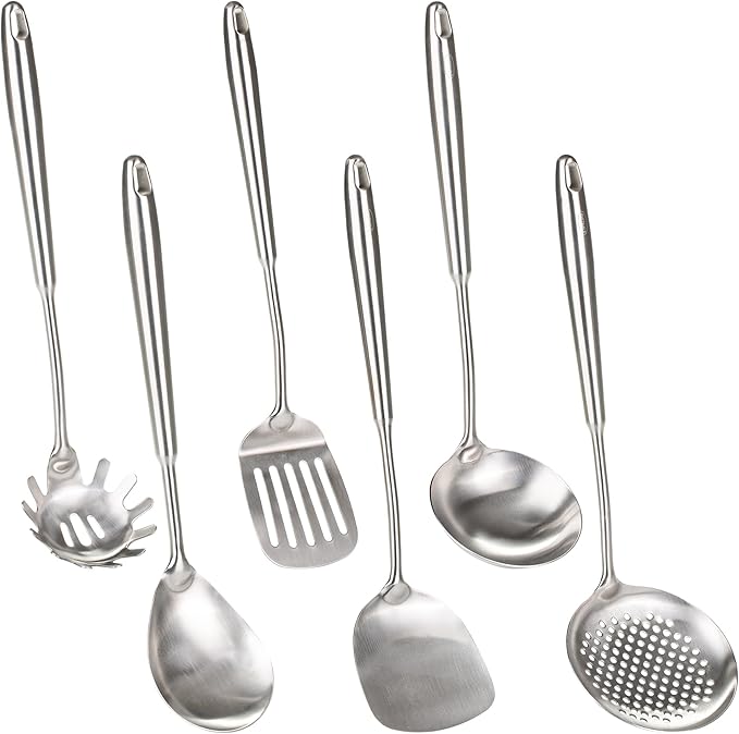 FJNATINH 6-Pieces 304 Stainless Steel Wok Spatula Set,Cooking Utensil Set,Soup Ladle Colander,Nonstick Kitchen Cooking Utensils Set with Spatula,Kitchenware Tools