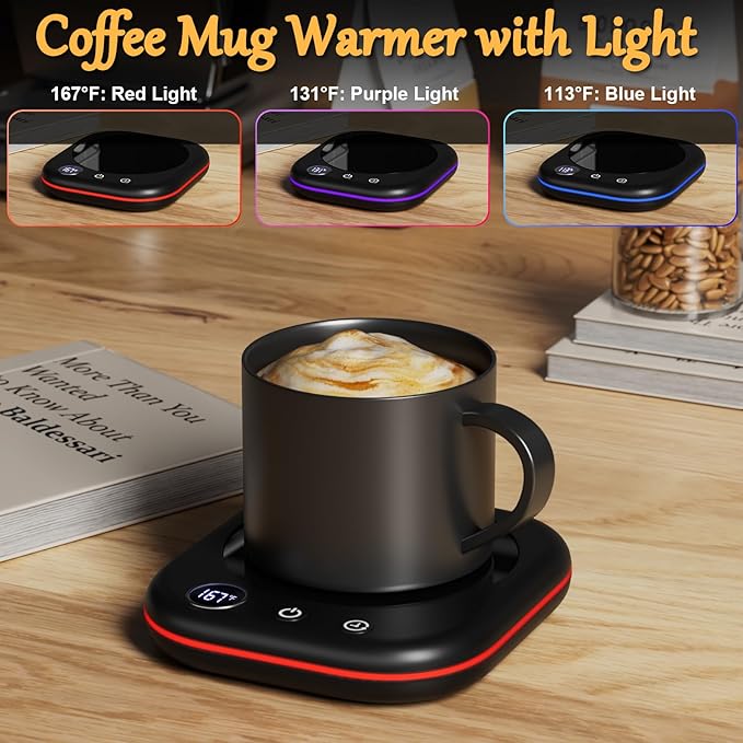 Mug Warmer Upgraded,Coffee Mug Warmer for Desk LEDs Light 3 Temp Settings (113-167°F) 1-12H Timer 4 H Auto Shut Off Beverage Cup Candle Warmer for Coffee Tea Milk(Black)