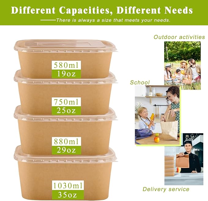 MINCOCO 50 Count Paper Bowls Disposable Meal Prep Containers with Lids【Includes 50 Wooden Forks + 100 Labels】 Salad Food Containers Freezer & Microwave Safe Leakproof Soup Bowls (19 Ounce, 50-Count)