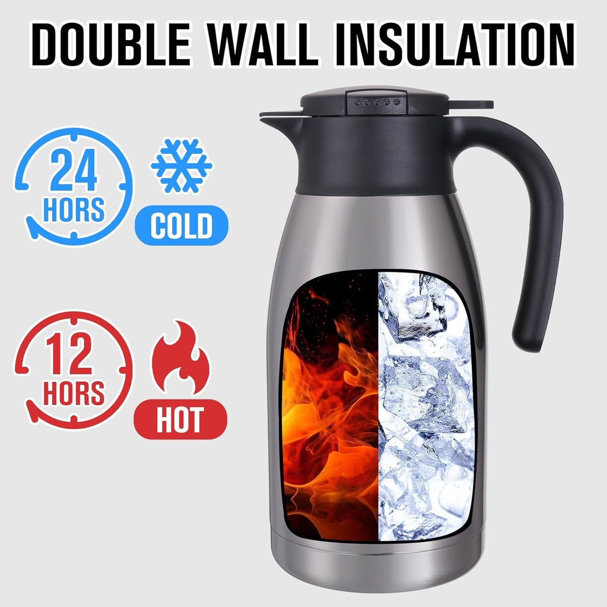 GiNT 64Oz Thermal Coffee Carafe, Insulated Stainless Steel Coffee Carafes for Keeping Hot/Double Walled Vacuum Thermal Carafe (Silver, 1.9L)