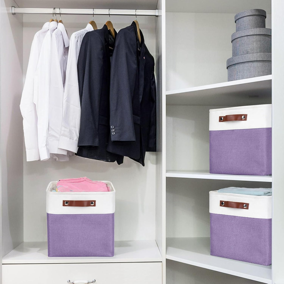 Collapsible Fabric Storage Cubes 11x11 Cube Storage Bins, 4 Pack Closet Baskets Box with Handles for Organizing, Shelf, Toys, Clothes, Home, Office, Nursery (Purple&White)
