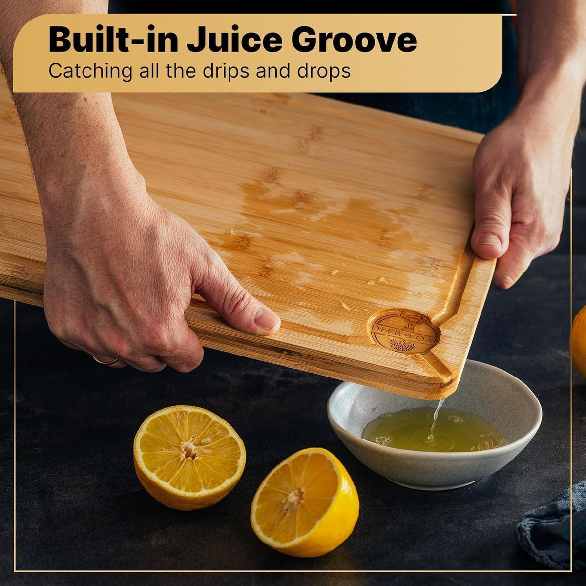 Deer & Oak Premium Large Bamboo Cutting Board – 15" x 9.8" x 0.8" Wooden Chopping Board for Meat and Vegetables, Pre-Oiled, Water Resistant, Knife Friendly