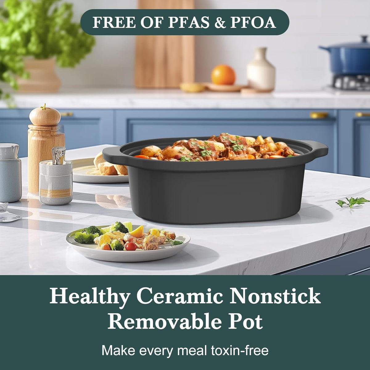 MAGNIFIQUE 6 Quart Programmable Slow Cooker Removable Healthy Nonstick Pot - Small Kitchen Appliance for Family Dinners - Serves 6+ People - Heat Settings: Keep Warm Olive