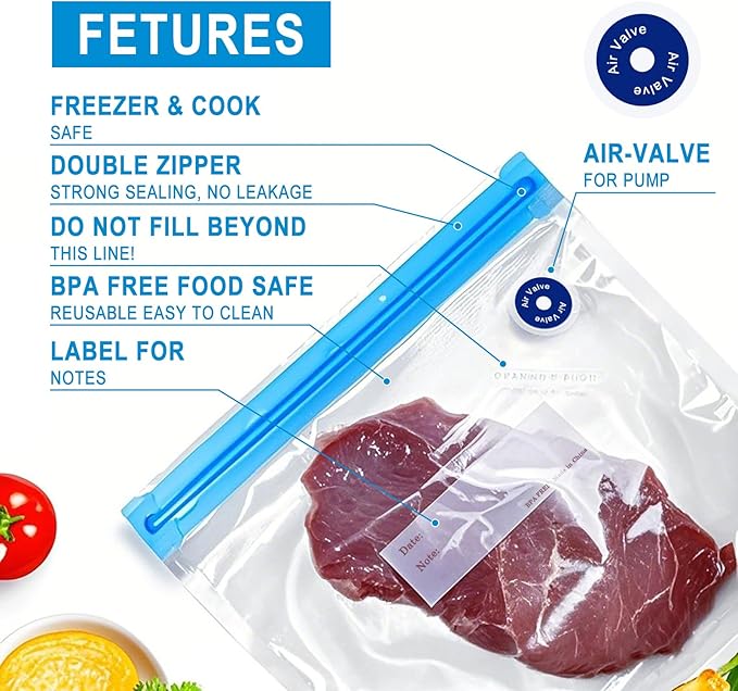 Reusable Sous Vide Bags 58Pcs BPA-Free, 1.4L Vacuum Sealer Bags for Cooking & Microwave, 50 Zipper Bags, 3 Seal Clips ＆ 5 Cooking Clips, Heat-Resistant & Leakproof (8.5x8.5in)