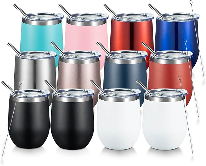 COMOOO Stainless Steel Wine Tumbler with Lid and Straw 12oz Double Wall Vacuum Insulated Travel Tumbler Cup for Coffee, Wine, Cocktails, Champagne (Mix color,12 Pack)