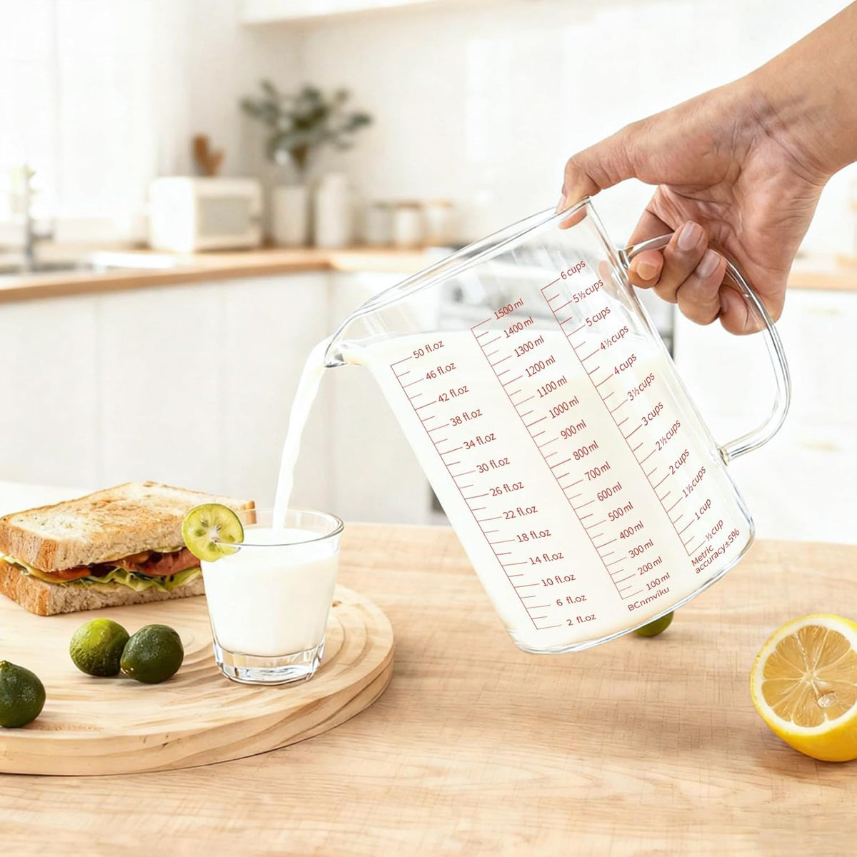 BCnmviku Glass Measuring Cups High Borosilicate [Insulated Handle | V-Shaped Spout]For Prepping Baking and Cooking Preheated Oven Dishwasher Freezer and Microwave Safe (1500ML)