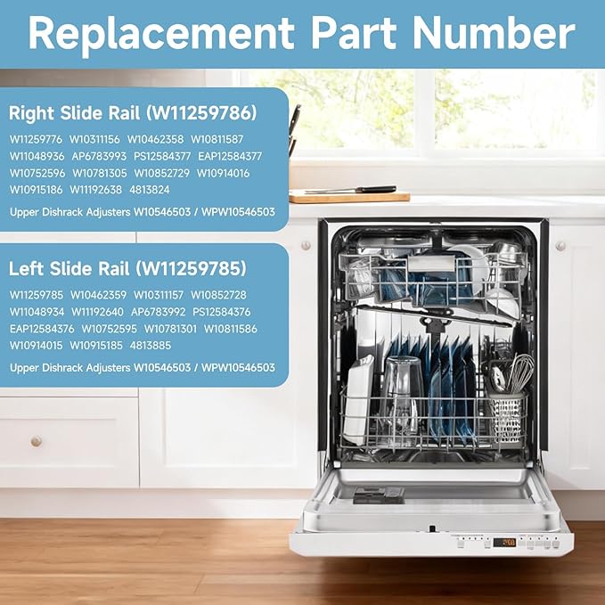 Dishwasher Upper Dishrack Slide Track(Left & Right) Compatible with Whirlpool KitchenAid Maytag Jenn-Air Dishwasher Replace#:W11259786 W11259785 AP6783993 KDTE204EPA2 PS12584377
