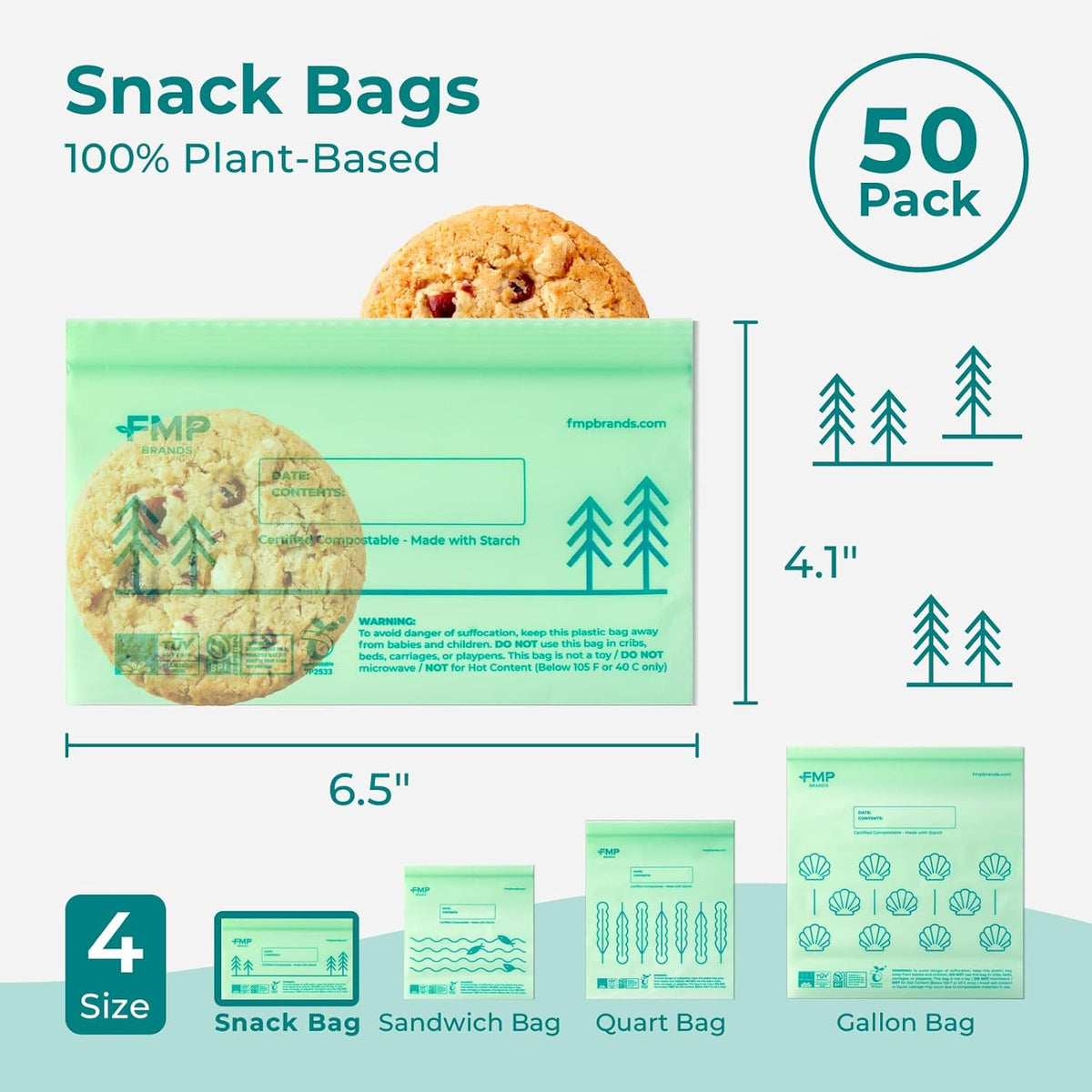 Fit Meal Prep 50 Pack 100% Compostable Snack Bags, 6.5 x 4.1" Resealable Food Storage Bags Snack Size, Plant-Based Freezer Bags for Food, ASTM D6400, US BPI & EU OK Compost Certified