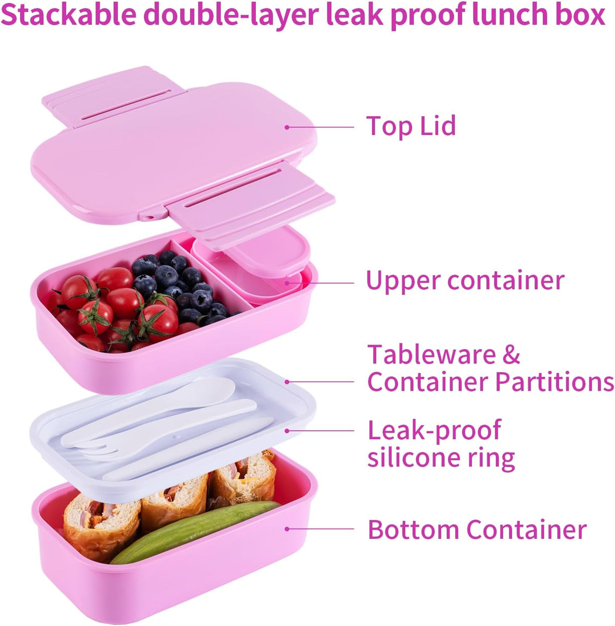 Lunchneo bento box for adults, separate for men and women, set of utensils and dipping containers, cute Japanese bento box, microwave heatable(Pink)