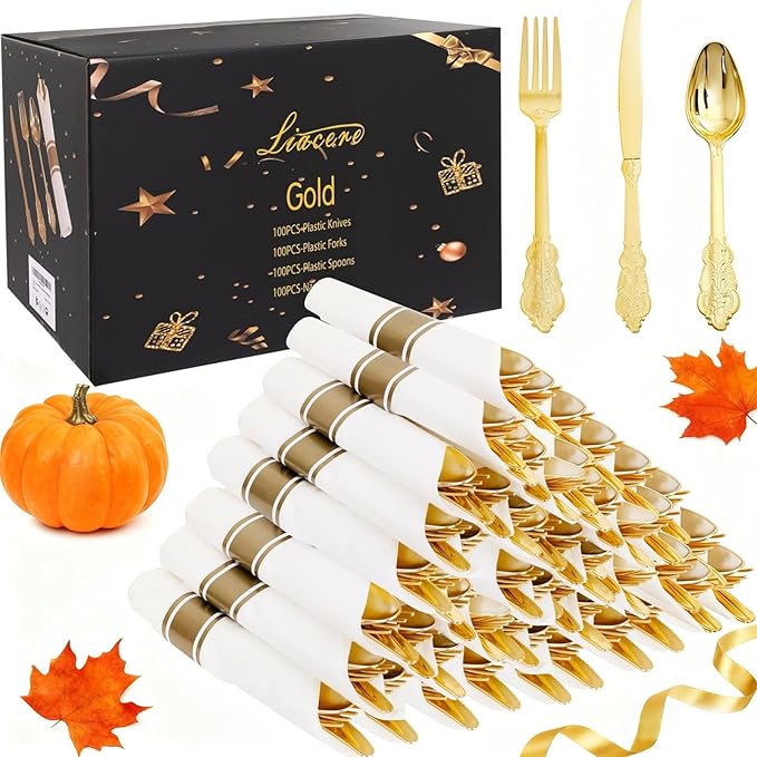 Liacere 400PCS Gold Plastic Silverware - Pre Rolled Napkins Disposable Gold Plastic Cutlery-Premium Quality Utensils-Includes 100Forks,100Knives,100Spoons,100Napkins&Wedding&Thanksgiving