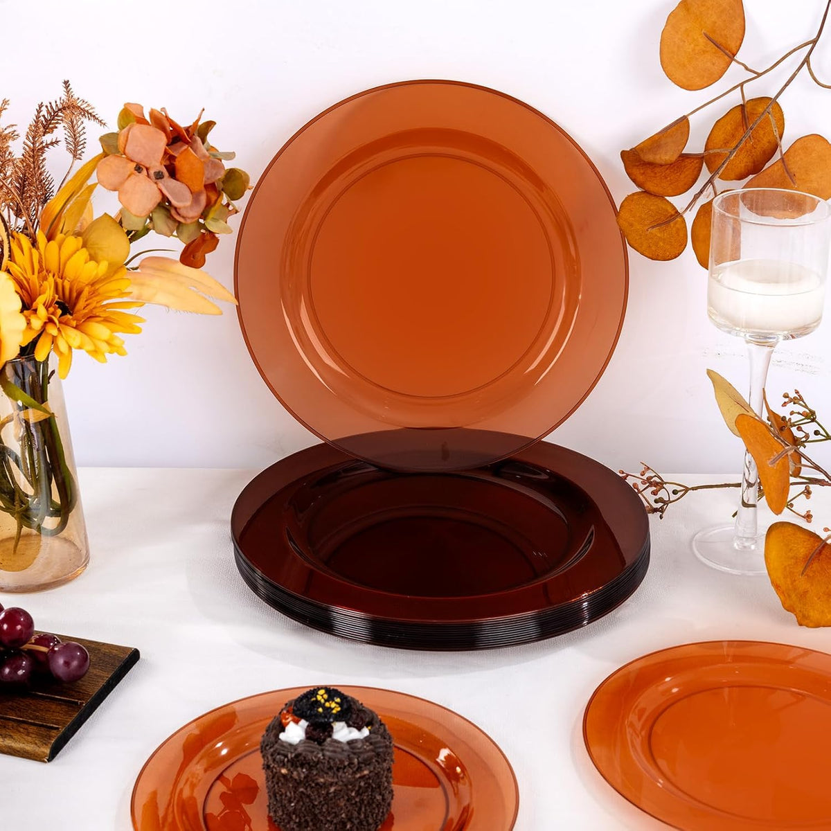 I00000 200 Pcs Clear Brown Plastic Plates - Elegant Disposable Plastic Party Plates Include 100 Dinner Plate 10’’ and 100 Dessert Plate 7’’ Perfect for Birthday, Party & Wedding
