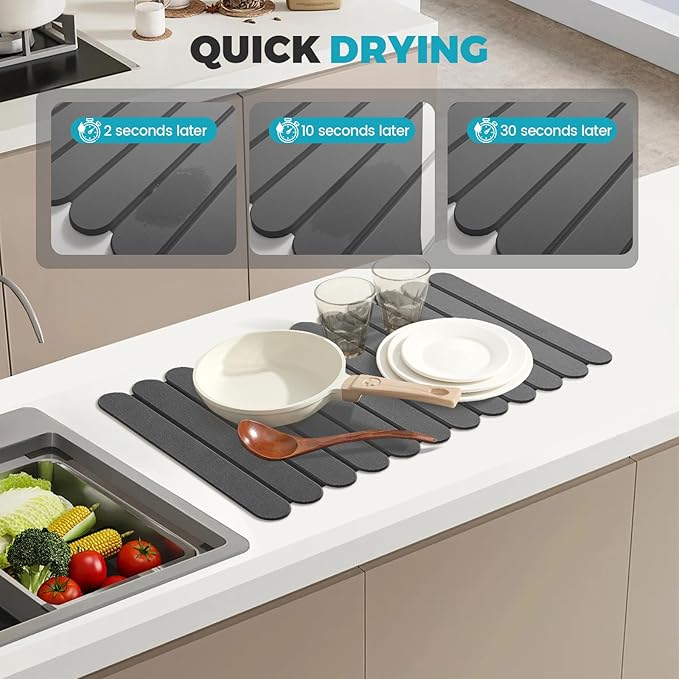 Extral Large Quick Dry Stone Drying Mat for Kitchen Counter,28"(L)x16"(W) Collapsible Eco-Friendly Absorbent Diatomaceous Earth Mat for Dishes Cups,Dish Drying Mats (Deep gray-Ellipse, 28x16 inch)