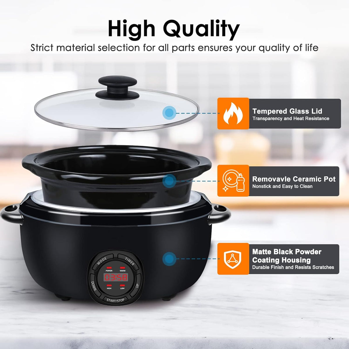 7 Quart Slow Cooker, Electric Slow Cooker Oval with Nonstick Removable Inner Ceramic Pot, Programmable with 3 Temp Settings