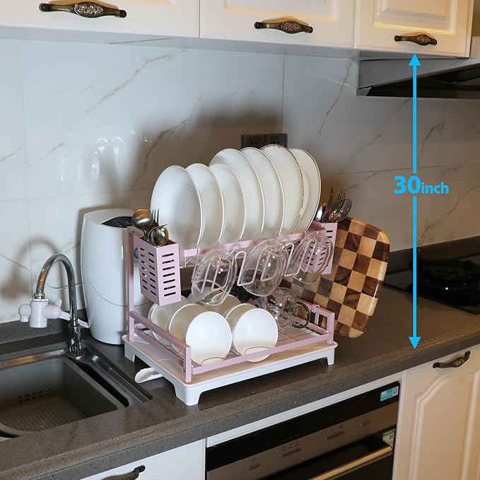 B-Land Dish Drying Rack, 2 Tier Dish Racks for Kitchen Counter, Large Dish Drying Rack with Drainboard & Utensil Holders, Rust-Proof Dish Drainers,Kitchen Organization