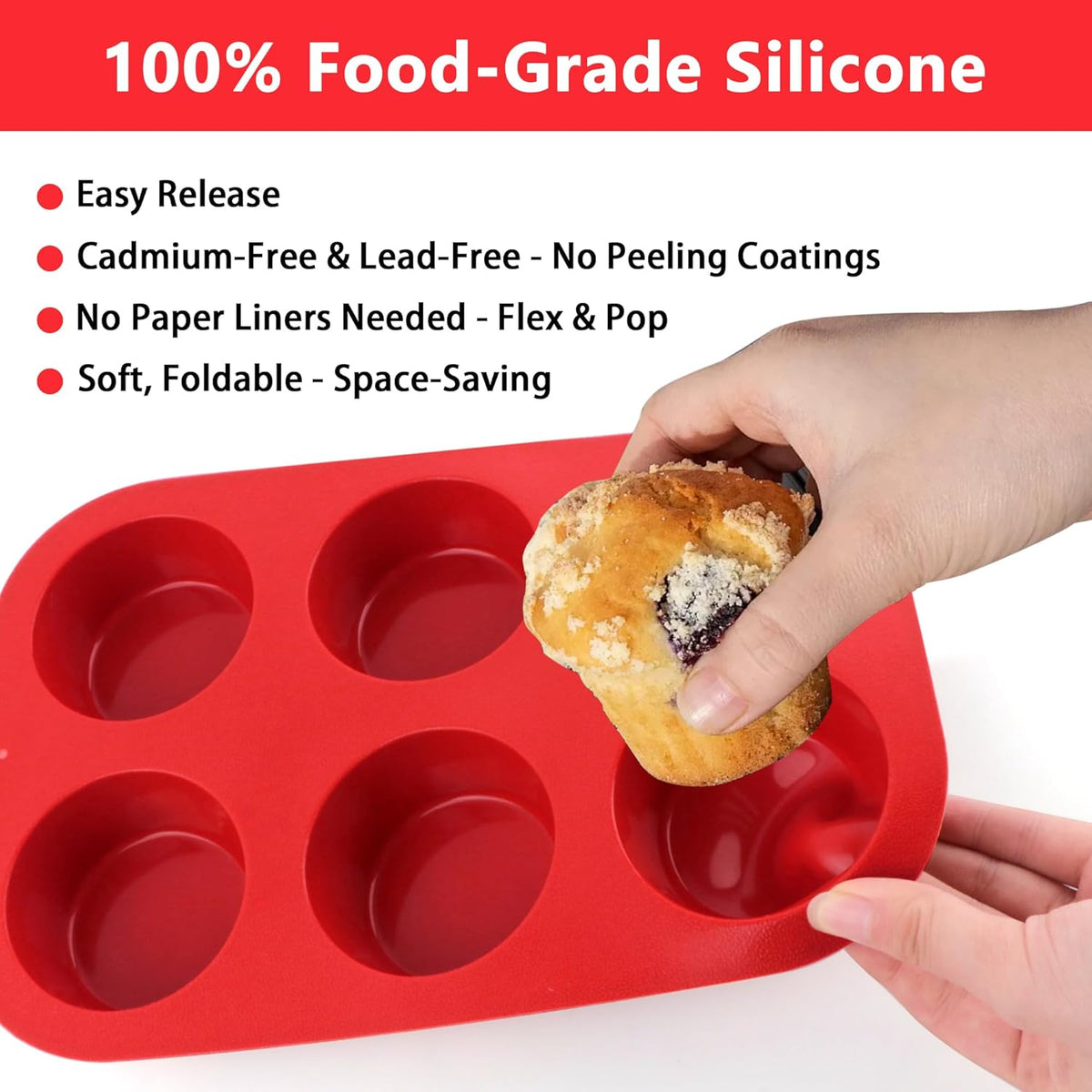 3-Pack 6-Cup Silicone Muffin Pans, Nonstick Cupcake Baking Molds, BPA/PFA-Free, Dishwasher & Oven Safe - Red