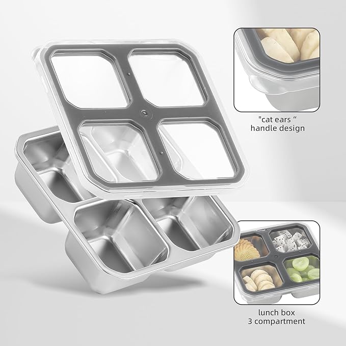 4 Pack Stainless Steel Snack Containers with Lids 4 Compartment Lunch Box for Adults & Kids Meal Prep Bento Box Containers Reusable