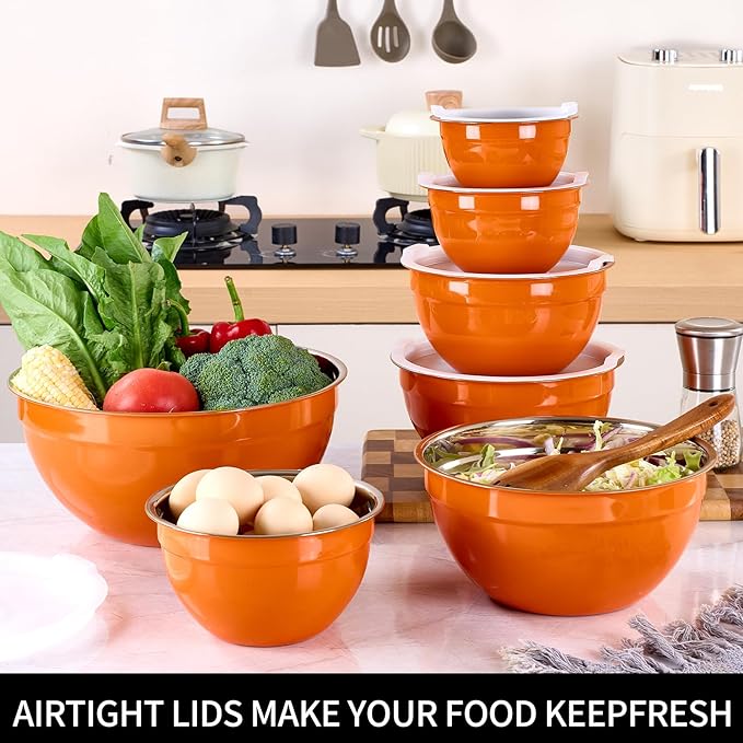 Orange Mixing Bowls with Lids Set of 7, Stainless Steel Nesting Bowl with Khaki Lid for Non-slip Mixing Prepping Storing Serving, 7 Sizes-7/3.6/2.7/2.1/1.5/1/0.8 QT
