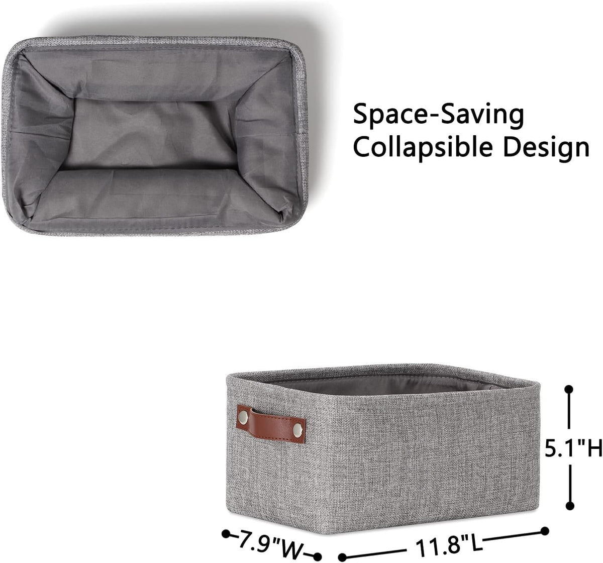 DULLEMELO Small Storage Baskets 11.8"x7.9"x5.1", Fabric Storage Bins for Shelves,Closets,Nursery,Home,Office [3 Pack], Collapsible Storage Baskets with Leather Handles (Gray)
