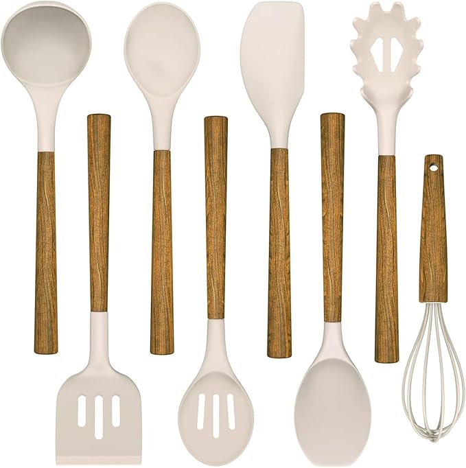Silicone Cooking Utensil Set,Umite Chef 8-Piece Kitchen Utensils Set with Natural Acacia Wooden Handles, Silicone Kitchen Gadgets and Spatula Set for Nonstick Cookware - Khaki