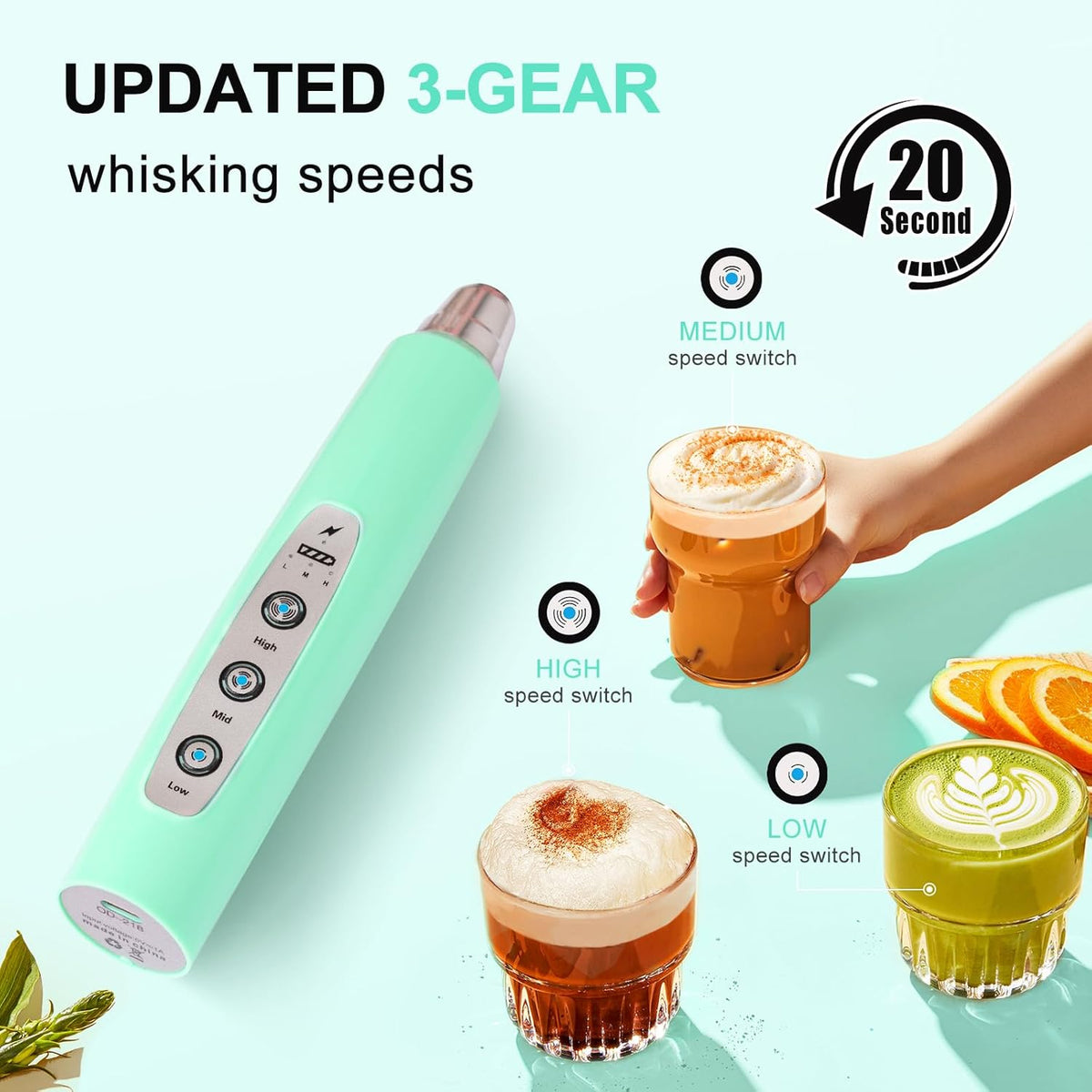 YUSWKO Baby Blue Handheld Milk Frother Wand for Coffee, Rechargeable Electric Whisk with 3 Heads 3 Speeds Drink Mixer Coffee Frother For Latte, Cappuccino, Hot Chocolate, Egg