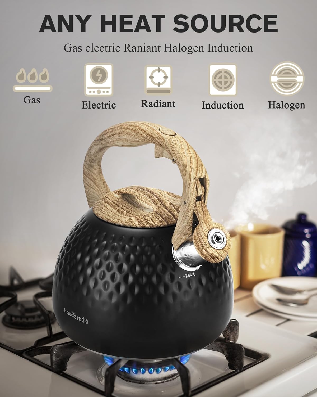 Tea Kettle Stovetop,2.5QT Stainless Steel Whistling Teapot for Stove Top Aesthetic,Portable Water Kettles Camping with Anti-hot Silicone Handle,Suitable for All Heat Sources,Black