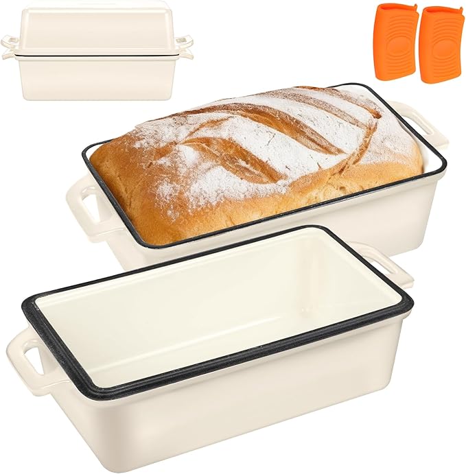 Wildone 2 in 1 Enameled Cast Iron Bread Pan with Lid, 9x5 Loaf Pans for Homemade Sourdough Bread, Cake, Meatloaf, Even Heating Bread Dutch Oven, Cream White