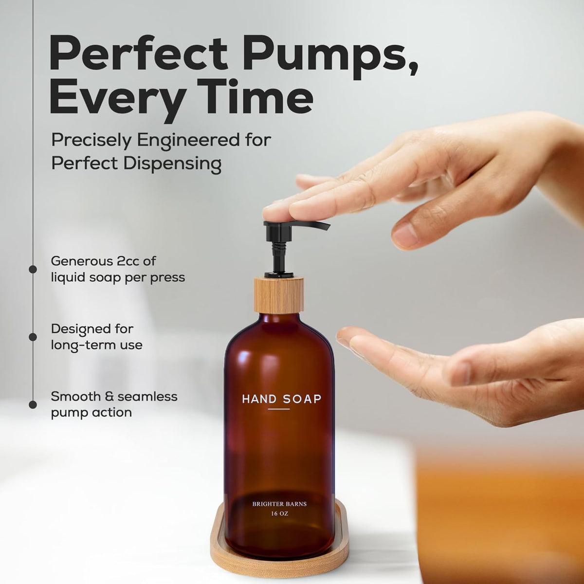 Amber Glass Hand and Dish Soap Dispenser Set by Brighter Barns - Kitchen Soap Dispenser Set with Tray - Bamboo Pump Bottles for Kitchen Sink - Modern Home Decor, Neutral Decor for Airbnb, Gift (Amber)
