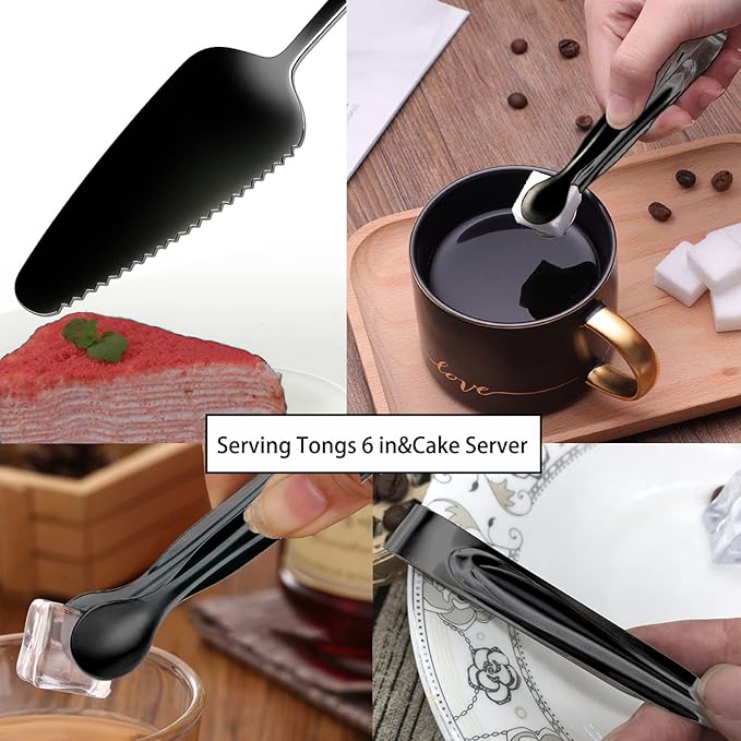 11 PCS Serving Utensils, Large Stainless Steel Spoons Forks Tongs, Pie Server, Great for Hostess Buffet Catering Banquet Party, Black