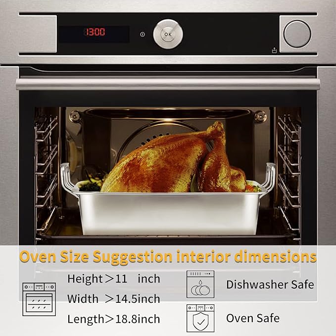 15 Inch Stainless Steel Roasting Pan with V-Shaped Rack and Turkey Baster - Rectangular Roaster for Turkey, Chicken, Vegetables - Fits 20lb Turkey
