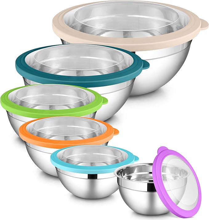 LIANYU Mixing Bowls with Visible Lid Sets of 6, Stainless Steel Metal Salad Nesting Bowls, Large & Small 7, 3.5, 2.5, 2, 1.5, 1QT Size For Kitchen, Baking, Storage, Food Prepping, Serving, Multi-Color