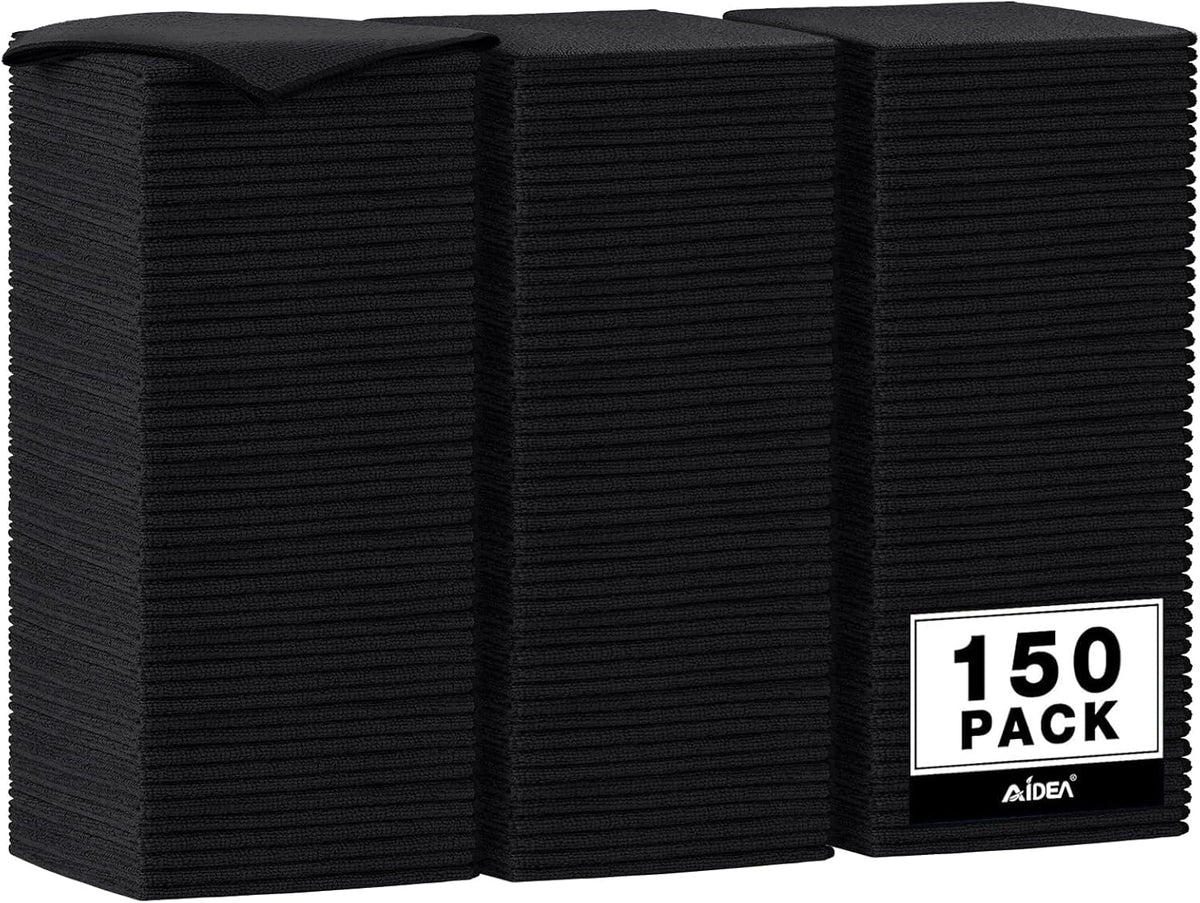 AIDEA Microfiber Cleaning Cloth Black 150PK, Microfiber Towels for Cars, Premium Car Cloths, Dusting Cloth Lint Free Cleaning Rags for SUVs, House, Kitchen, Window, Workshops,12×12"