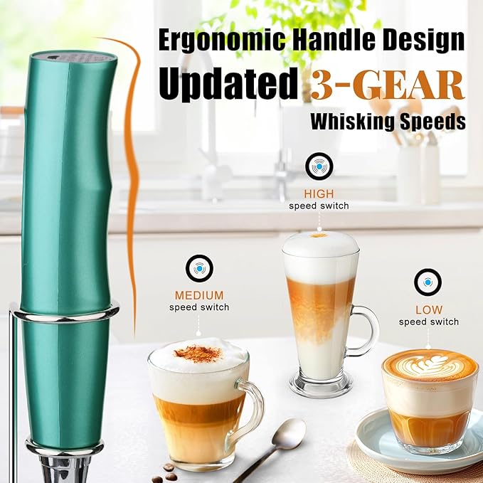 Nahida Milk Frother Wand for Coffee Frother Handheld with Stand Electric Whisk with 3 Heads 3 Speeds Drink Mixer Coffee Frother Foam Maker For Latte, Cappuccino, Hot Chocolate, Egg - Green