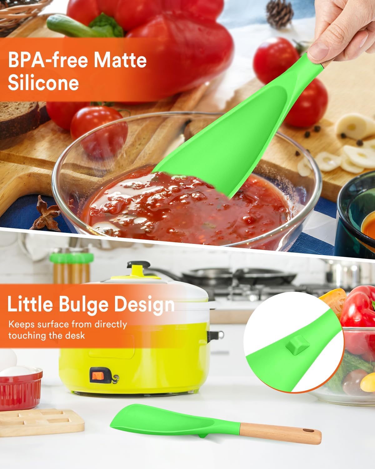 Cooking Spoon and Rice Scooper for Nonstick Cookwares, Great for Cooking and Serving Sturdy BPA-Free Matte Silicone, Wood Handle Spoon for Mixing, Scoop, and Scrape (Apple Green)