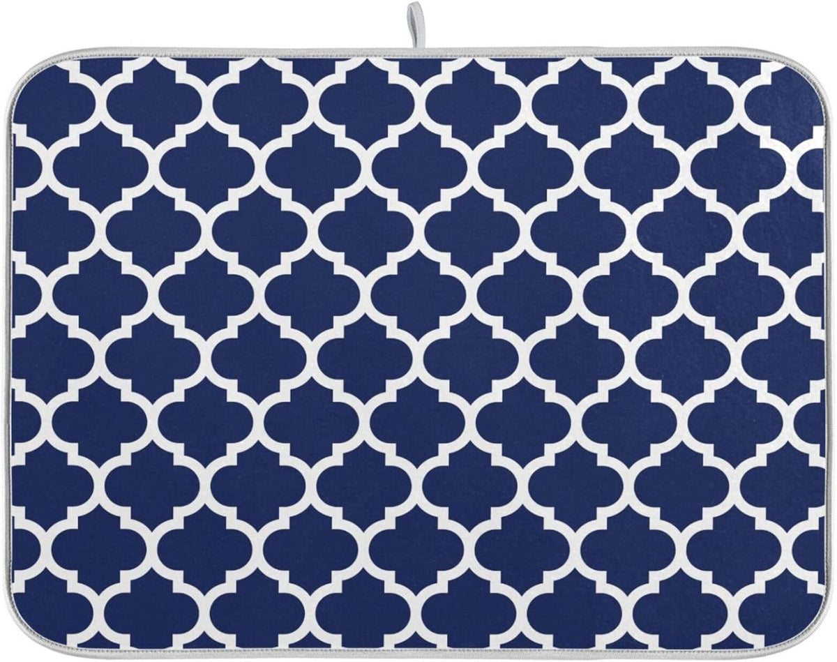 Navy Blue Trellis Lattice Dish Drying Mat for Kitchen Counter Absorbent Microfiber Drying Pad, Large 18x24 in, Reversible Drainer Mats