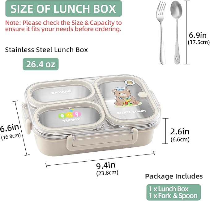 Stainless Steel Bento Lunch Box for Kids, 26.4 oz Leak-Proof 3-Compartment Metal Bento Box, BPA-Free, Cute Cartoon Meal Prep Snack Container with Utensils for School, Office, Travel - Beige