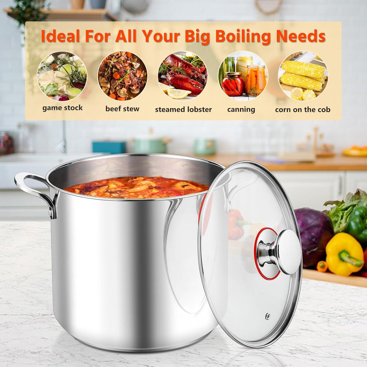 E-far 12-Quart Stock Pot, 18/10 Stainless Steel Stockpot with Lid for Cooking Simmering Soup Stew, Heavy Duty Cookware Works w/Induction, Non-toxic & Corrosion Resistant, Dishwasher Safe