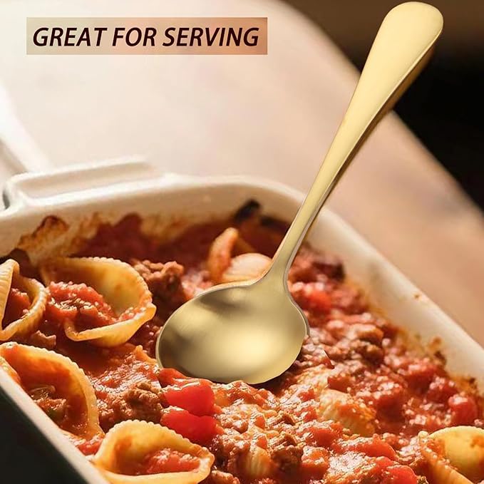 7" Round Soup Spoons Set of 4,18/10 Stainless Steel Heavy Duty with Deep Bowl,Matte Stain Finish,Dishwasher Safe(Gold)