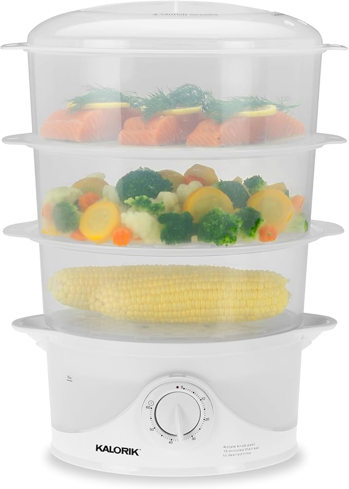 Kalorik Electric Food Steamer with Manual Controls 3-Tier with BPA Free Dishwasher Safe Baskets, 800 Watts and 60-Minute Timer Turbo Steam Feature and Easy Refill, 9-Quarts, White