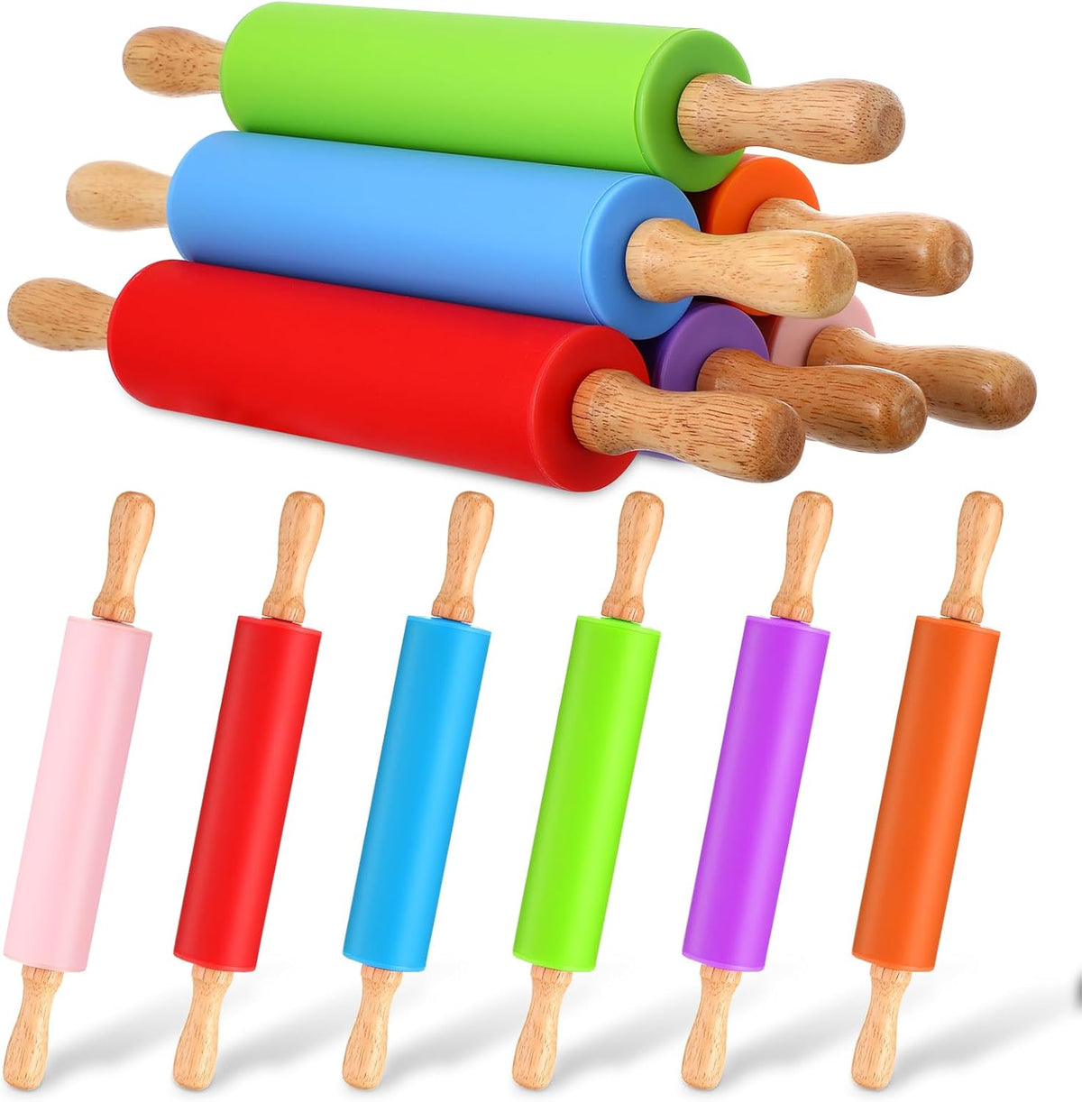 Dandat Small Rolling Pin Kids 12 Inch Mini Silicone Rolling Pin for Baking Non Stick Kids Dough Roller with Wooden Handle for Kitchen Cookie Pastry Fondant Cake 6 Colors (12 Pcs)