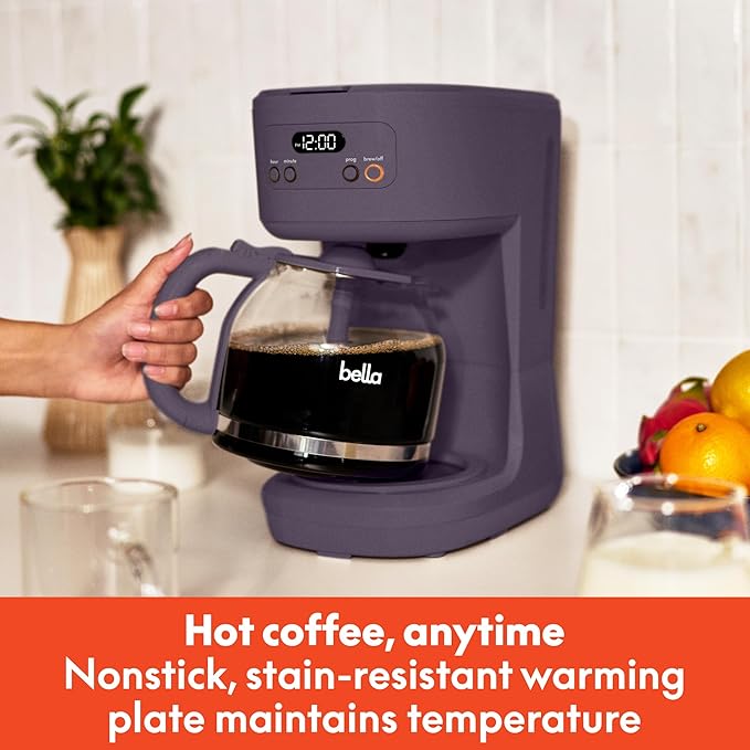 bella 12 Cup Programmable Coffee Marker, Reusable Dishwasher Safe Accessories, Easy LCD diaply, Auto Shutoff, 900 watt, Plum