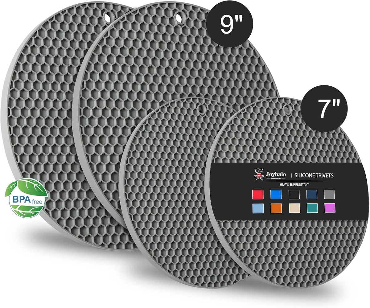 Joyhalo Trivets for Hot Dishes - Hot Pads for Kitchen, Silicone Pot Holders for Hot Pots and Pans, Silicone Mats for Kitchen Countertops, Table, Flexible Easy to Wash and Dry, Grey