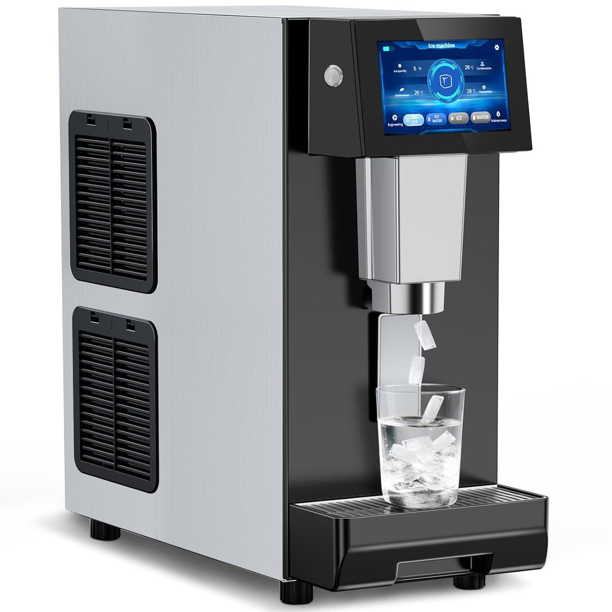 Commercial Nugget Ice Maker Machine, 100Lbs/24H Pellet Chewable Ice, 3-IN-1 Nugget Ice Maker with Ice & Water Dispenser, Self-Cleaning Countertop Stainless Steel Ice Machine for Business, Office,Party