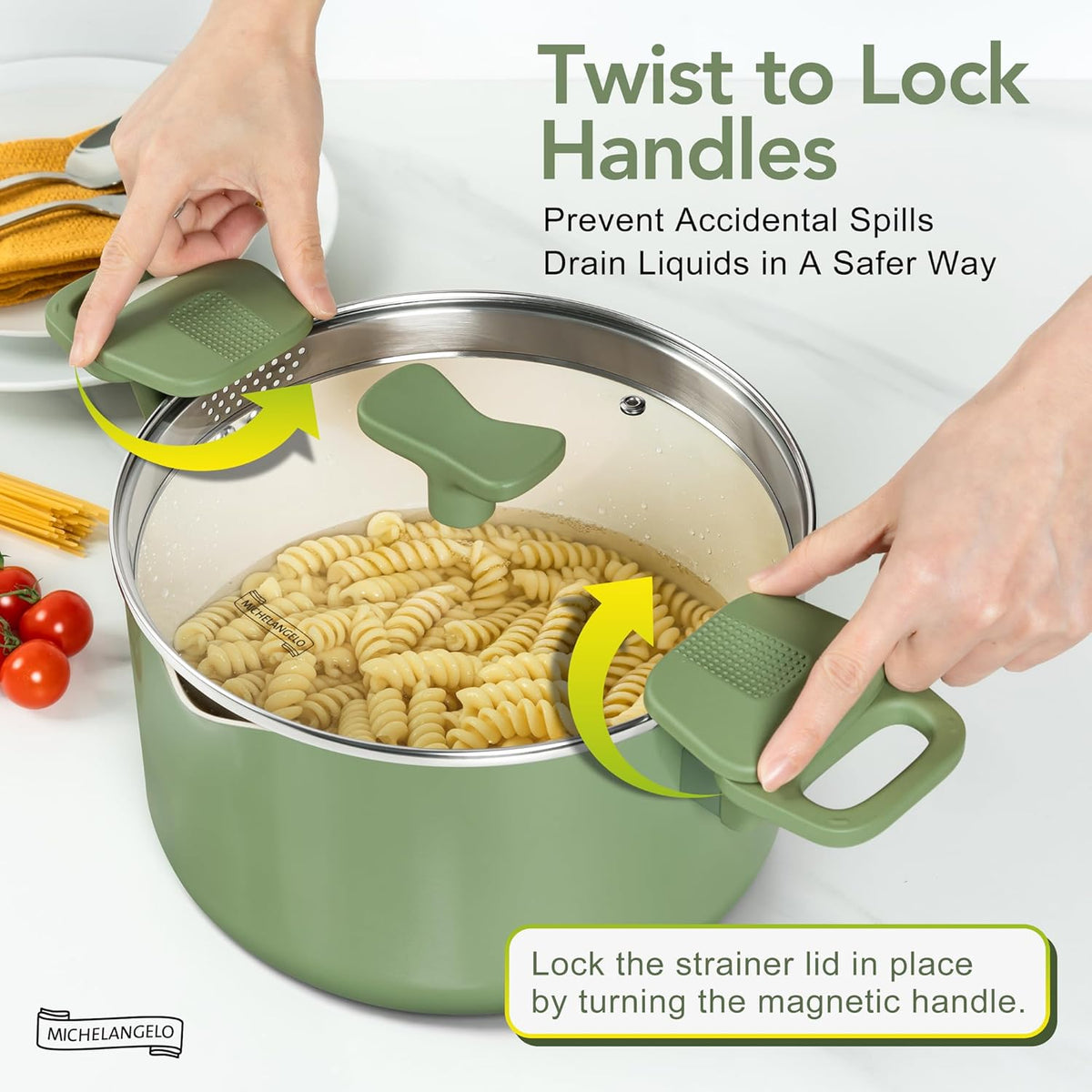 MICHELANGELO Pasta Pot with Strainer Lid - 6 Quart Cooking Pot with Lid, Non Stick Spaghetti Pot Ceramic Coated with Twist and Lock Handles for Easy Draining, Induction Compatible, Roden Green