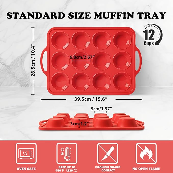 2 Pack Silicone Muffin Pan with Metal Frame, Non-stick Regular Silicone Cupcake Pan with Handles 12 Cup, Silicon Muffin Tin Tray for baking, egg bites, Cupcake Mold, BPA Free Red