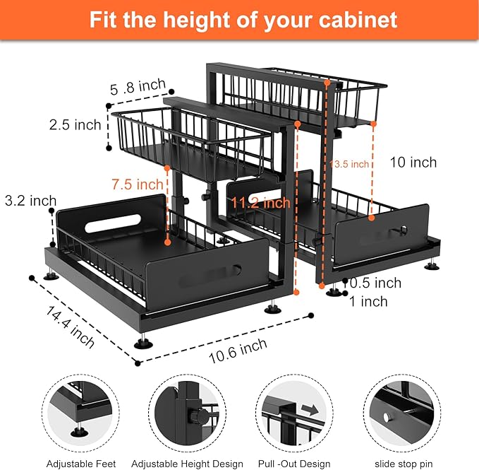 2 Pack Under Sink Organizers and Storage,Pull Out Cabinet Organizer,2-Tier Sliding Out Kitchen Basket Sink Shelf Cabinet Organizers Adjustable L Shape Counter Organizers for Bathroom Kitchen (Black)