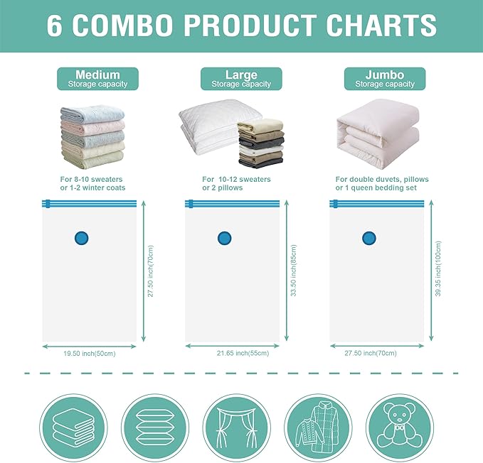 6 Pack Vacuum Storage Bags, Space Saver Bags (2 Jumbo/2 Large/2 Medium) Compression Storage Bags for Comforters and Blankets, Vacuum Sealer Bags for Clothes Storage, Hand Pump Included