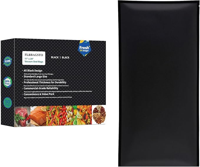 All Black Vacuum Sealer Bags 11" x 24", 5.5 Mil Precut Vacuum Seal Bags for Food Storage, Sous Vide, and Meal Prep, Heavy Duty Commercial Grade, 50 Count